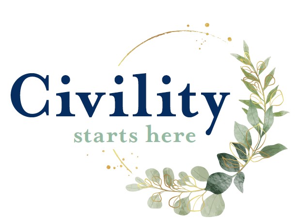 Civility Starts HEre text surrounded by a gold circle partially covered by an arched olive  tree branch