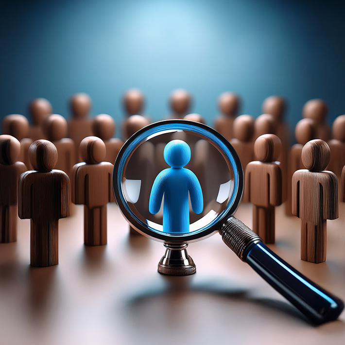 image of generic people figures with one hightlighted under a magnifying glass