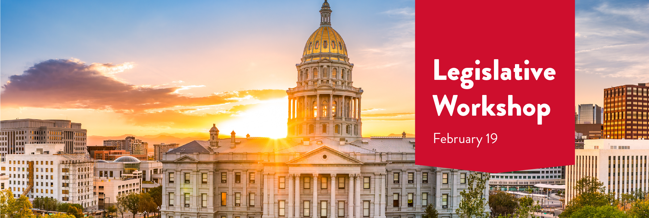 Red block with text with photo of state capitol
